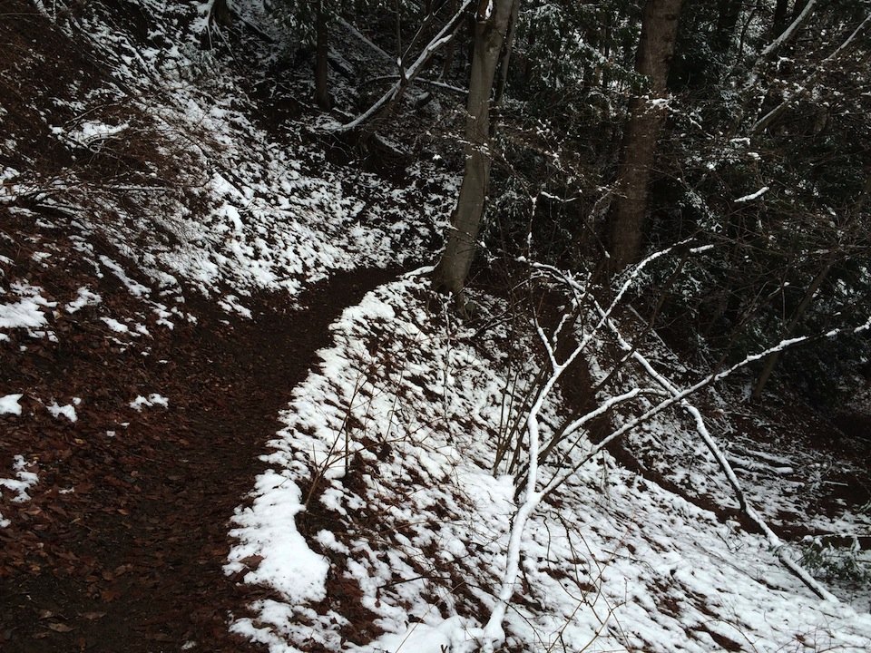 雪が少し積もった登山道